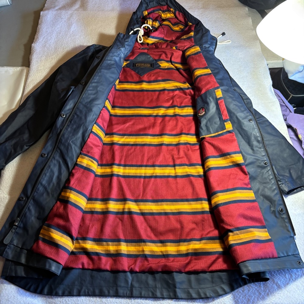 Pendleton Navy Hooded Raincoat with Red & Yellow Striped Lining